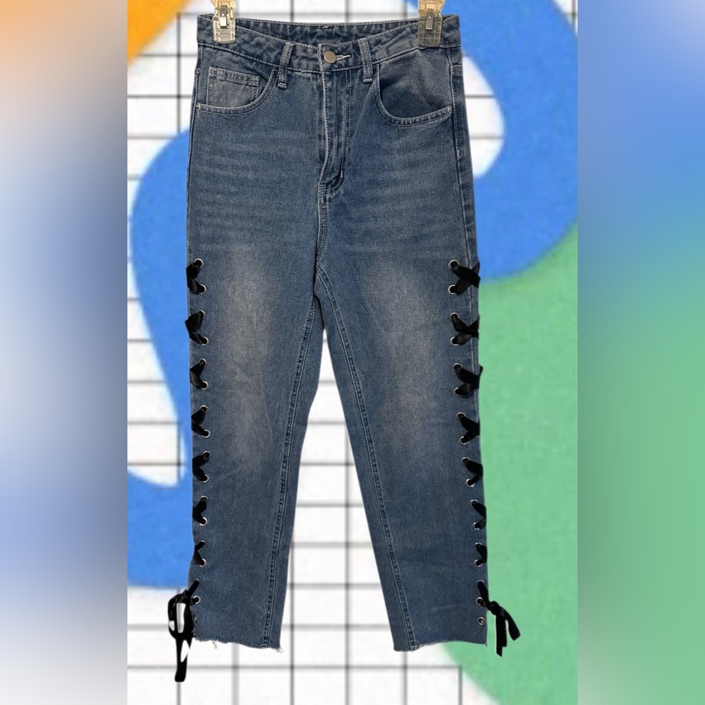Shein jeans with black ribbon side ties Women’s Size XS